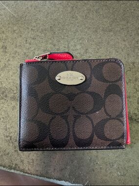 Coach Brown Signature Compact Zip Wallet with Coral Hot Pink Trim